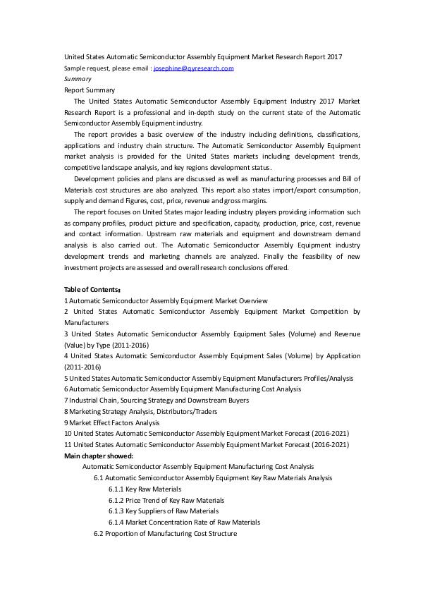 United States Automatic Semiconductor Assembly Equ