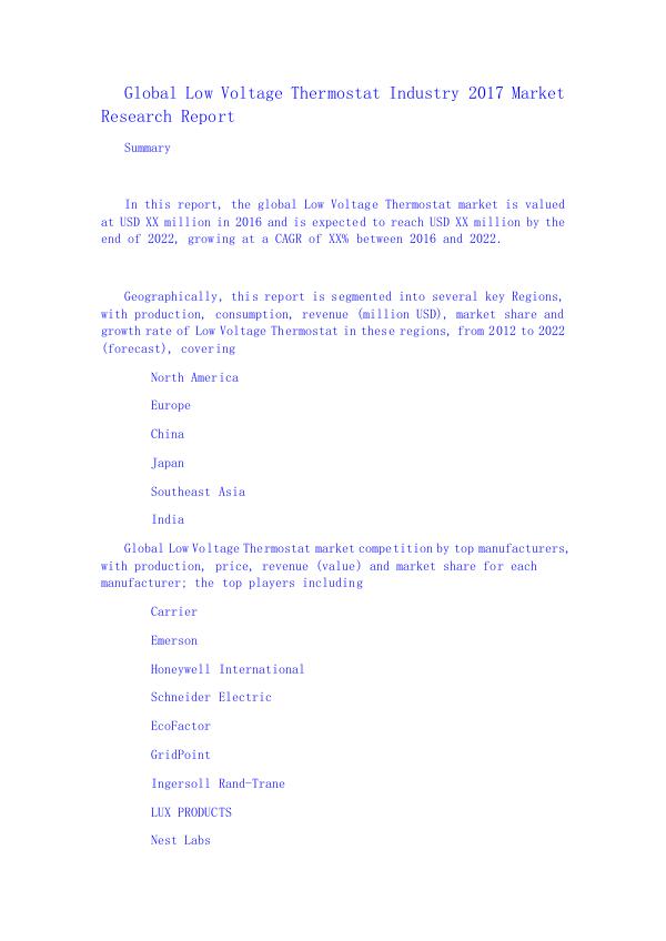Global Low Voltage Thermostat Industry 2017 Market