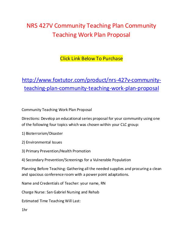 NRS 427V Community Teaching Plan Community Teaching Work Plan Proposa NRS 427V Community Teaching Plan Community Teachin