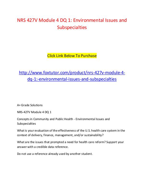 NRS 427V Module 4 DQ 1 Environmental Issues and Subspecialties NRS 427V Module 4 DQ 1 Environmental Issues and Su