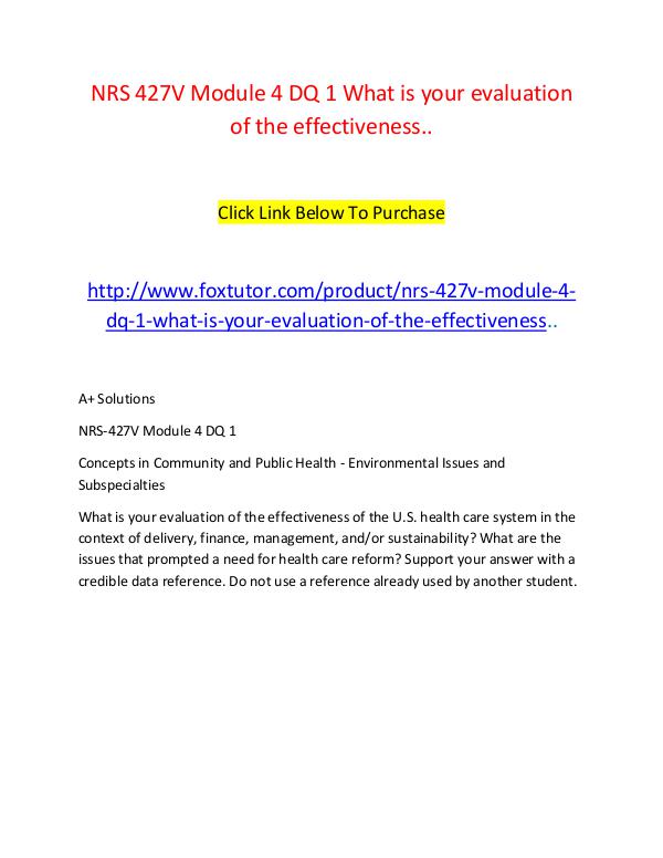 NRS 427V Module 4 DQ 1 What is your evaluation of the effectiveness.. NRS 427V Module 4 DQ 1 What is your evaluation of