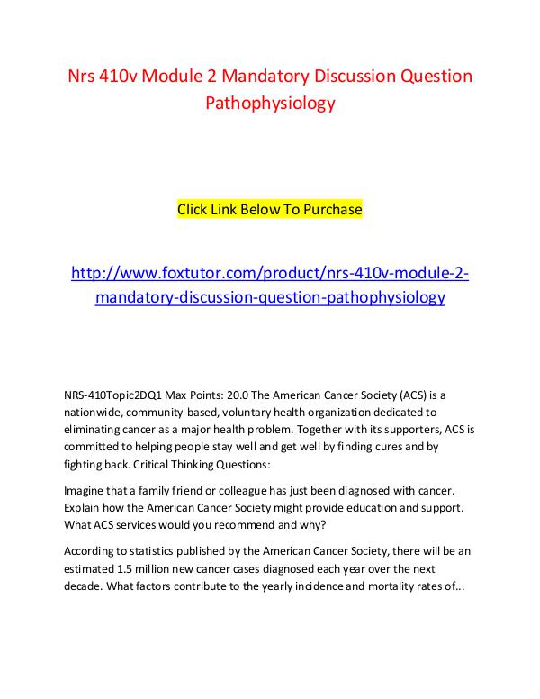 NRS 410V Module 2 Mandatory Discussion Question   The American Cancer Nrs 410v Module 2 Mandatory Discussion Question Pa