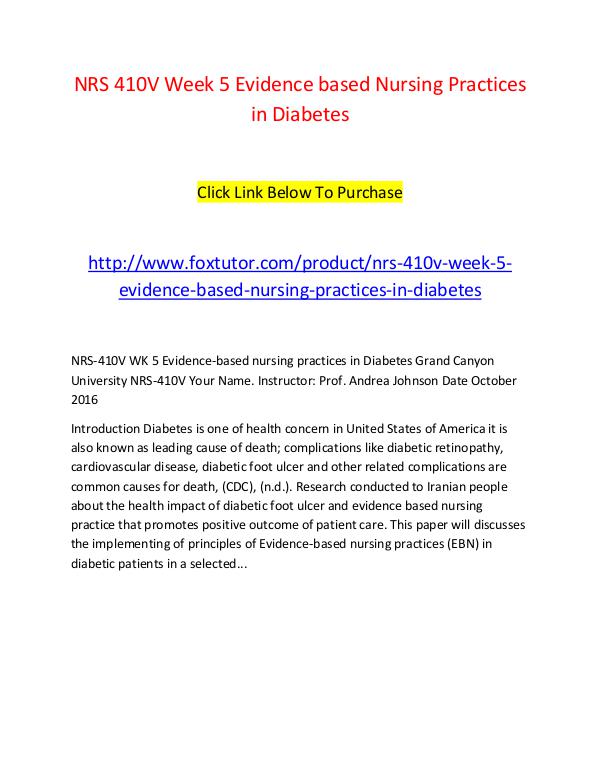 NRS 410V Week 5 Evidence based Nursing Practices in Diabetes NRS 410V Week 5 Evidence based Nursing Practices i