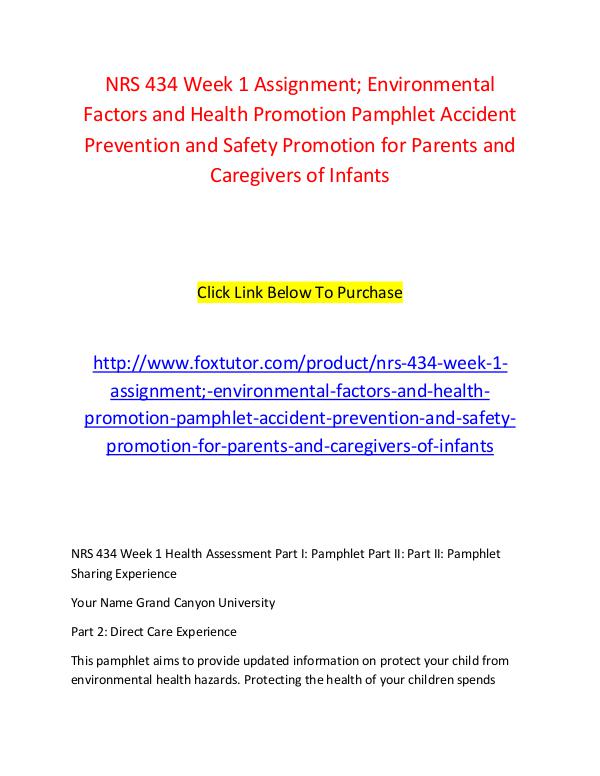 NRS 434 Week 1 Assignment; Environmental Factors and Health Promotion NRS 434 Week 1 Assignment; Environmental Factors a