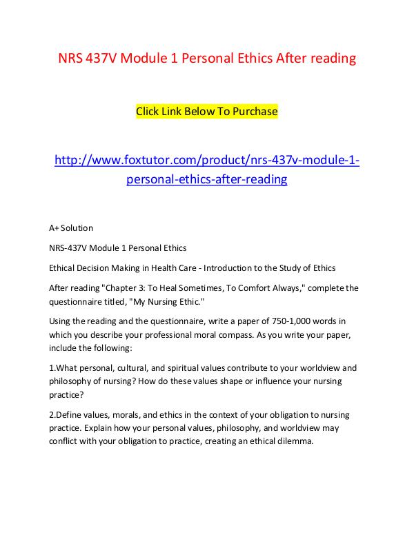 NRS 437V Module 1 Personal Ethics After reading NRS 437V Module 1 Personal Ethics After reading