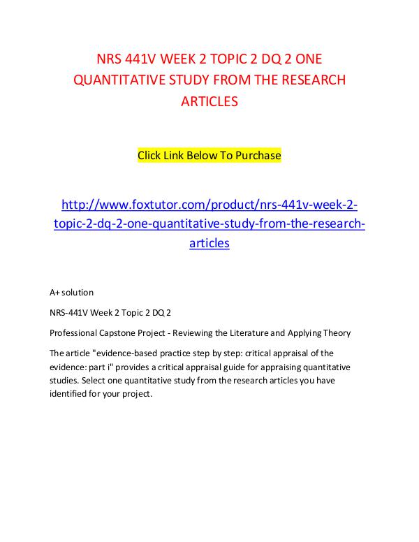 NRS 441V WEEK 2 TOPIC 2 DQ 2 ONE QUANTITATIVE STUDY FROM THE RESEARCH NRS 441V WEEK 2 TOPIC 2 DQ 2 ONE QUANTITATIVE STUD