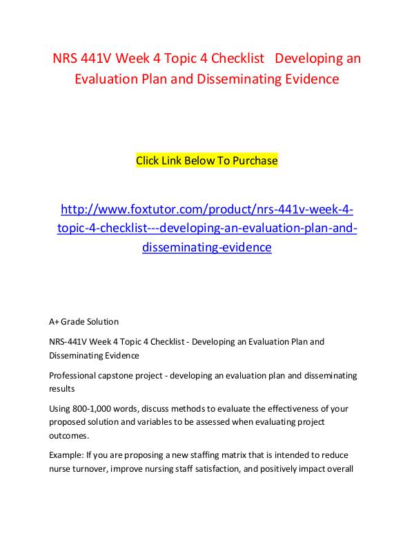 NRS 441V Week 4 Topic 4 Checklist   Developing an Evaluation Plan and NRS 441V Week 4 Topic 4 Checklist   Developing an