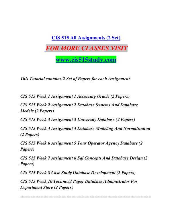 CIS 515 STUDY  Great Stories/cis515study.com CIS 515 STUDY  Great Stories/cis515study.com