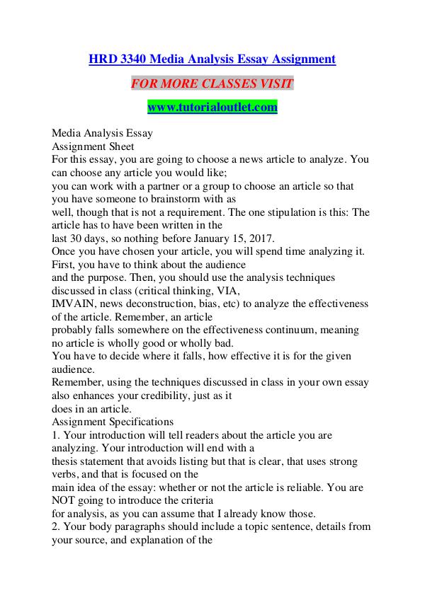 HRD 3340 MEDIA ANALYSIS ESSAY ASSIGNMENT / TUTORIALOUTLET DOT COM HRD 3340 MEDIA ANALYSIS ESSAY ASSIGNMENT / TUTORIA