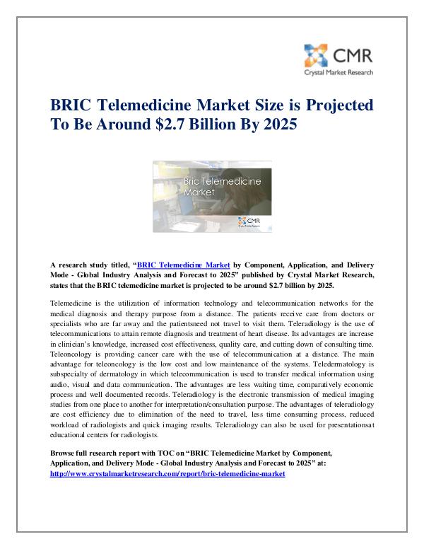 Market Research Reports- Consulting Analysis Crystal Market Research BRIC Telemedicine Market