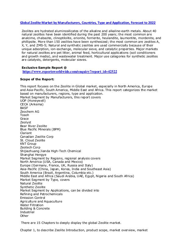 Reports world wide Global Zeolite Market