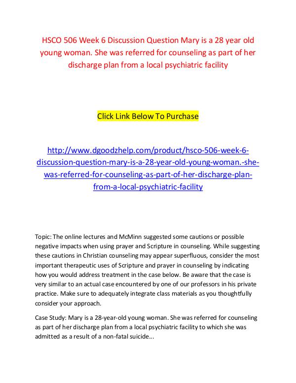 HSCO 506 Week 6 Discussion Question Mary is a 28 year old young woman HSCO 506 Week 6 Discussion Question Mary is a 28 y