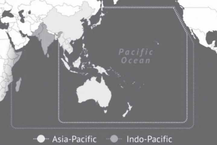 Map graphic centered on the Pacific Ocean showing the Asia‑Pacific and Indo‑Pacific regions