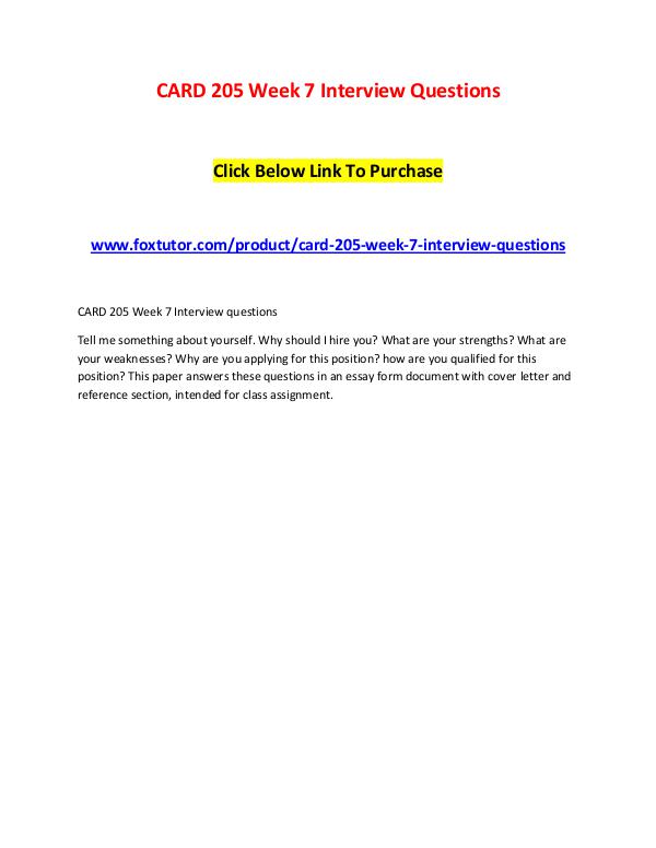 CARD 205 Week 7 Interview Questions CARD 205 Week 7 Interview Questions