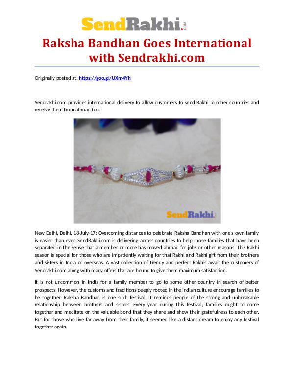 Online Rakhi shopping store Raksha Bandhan Goes International with Sendrakhi