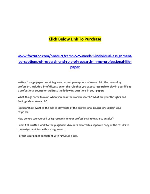 CCMH 525 Week 1 Individual Assignment Perceptions of Research and Rol CCMH 525 Week 1 Individual Assignment Perceptions