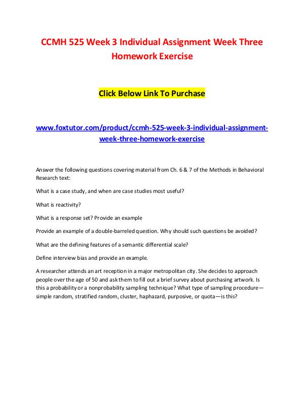 CCMH 525 Week 3 Individual Assignment Week Three Homework Exercise CCMH 525 Week 3 Individual Assignment Week Three H