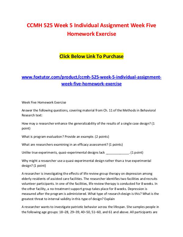 CCMH 525 Week 5 Individual Assignment Week Five Homework Exercise CCMH 525 Week 5 Individual Assignment Week Five Ho