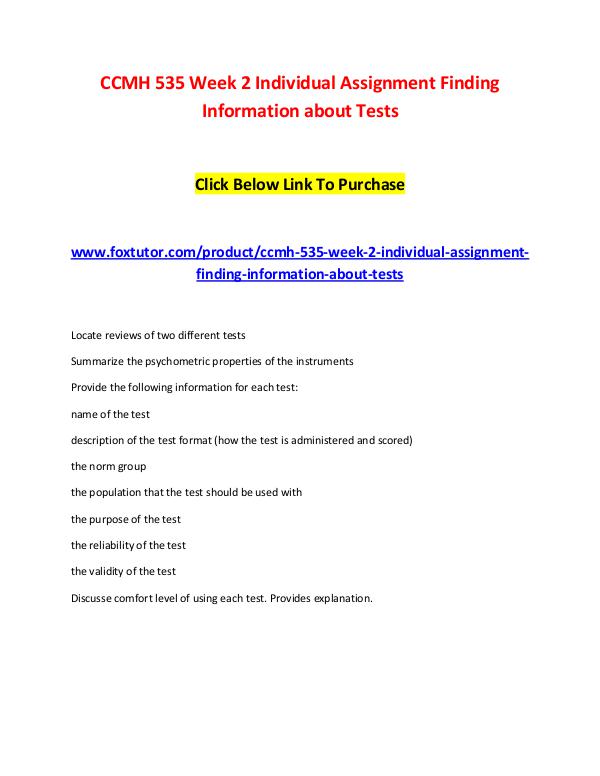 CCMH 535 Week 2 Individual Assignment Finding Information about Tests CCMH 535 Week 2 Individual Assignment Finding Info