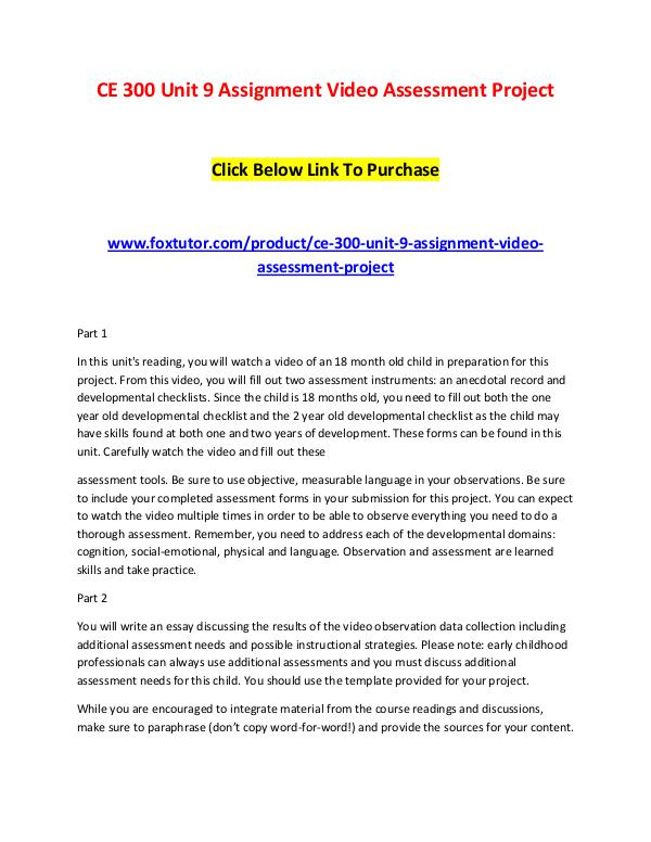 CE 300 Unit 9 Assignment Video Assessment Project CE 300 Unit 9 Assignment Video Assessment Project