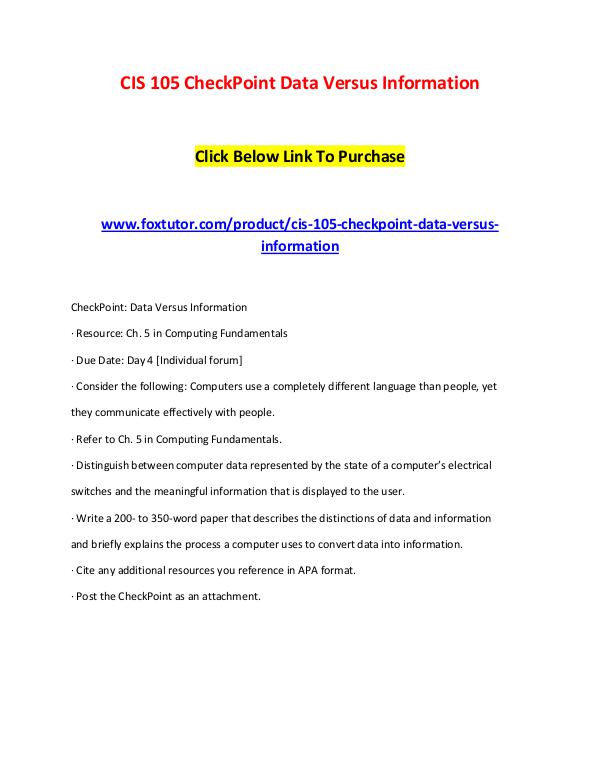 CIS 105 CheckPoint Data Versus Information CIS 105 CheckPoint Data Versus Information