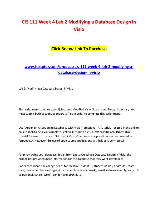 CIS 111 Week 4 Lab 2 Modifying a Database Design in Visio CIS 111 Week 4 Lab 2 Modifying a Database Design i