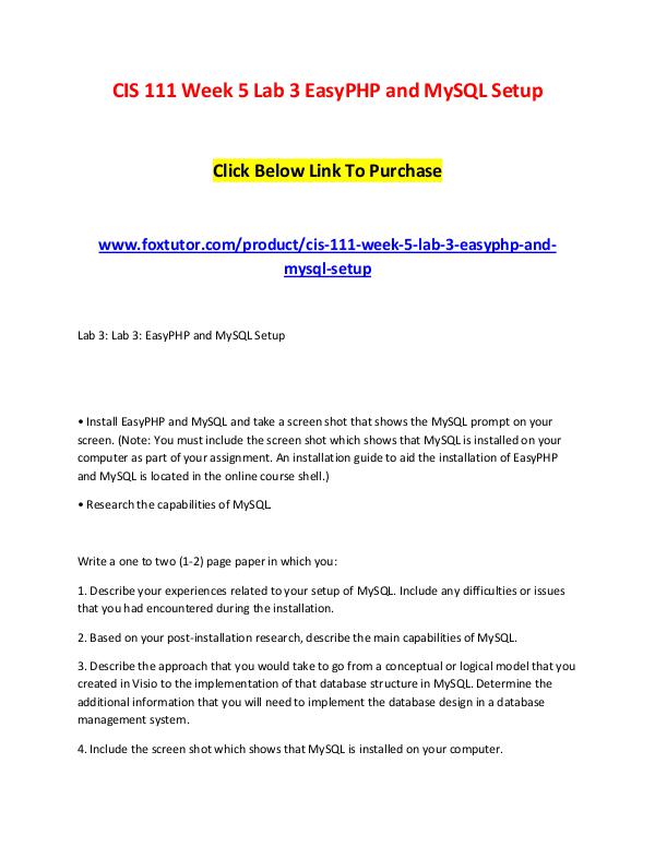 CIS 111 Week 5 Lab 3 EasyPHP and MySQL Setup CIS 111 Week 5 Lab 3 EasyPHP and MySQL Setup