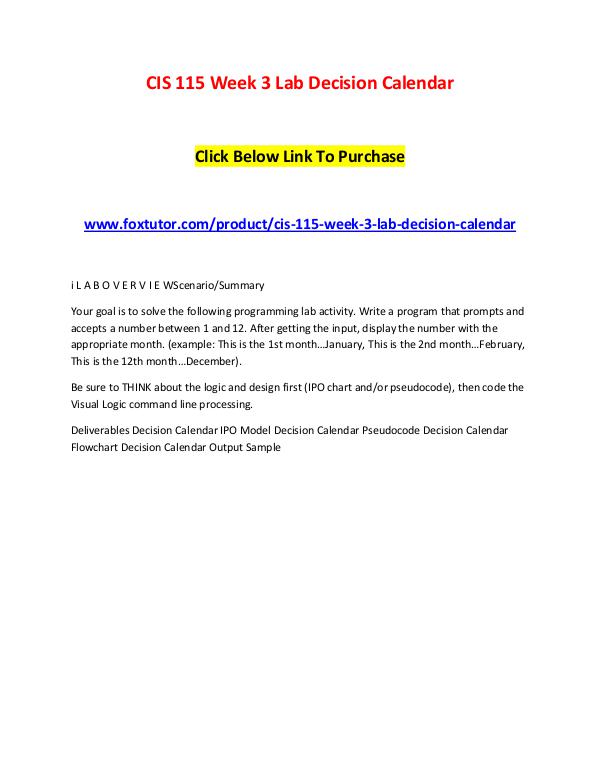 CIS 115 Week 3 Lab Decision Calendar CIS 115 Week 3 Lab Decision Calendar