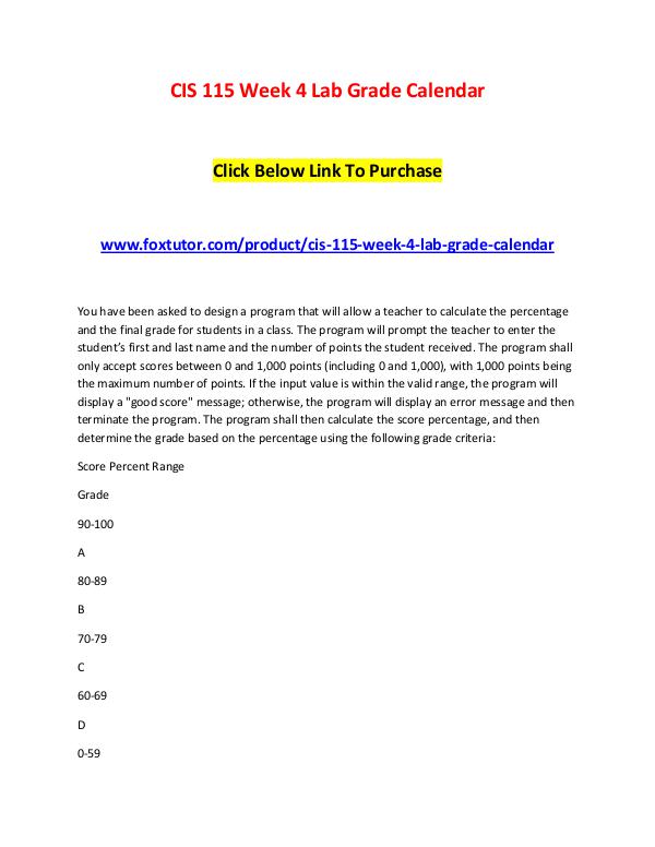 CIS 115 Week 4 Lab Grade Calendar CIS 115 Week 4 Lab Grade Calendar