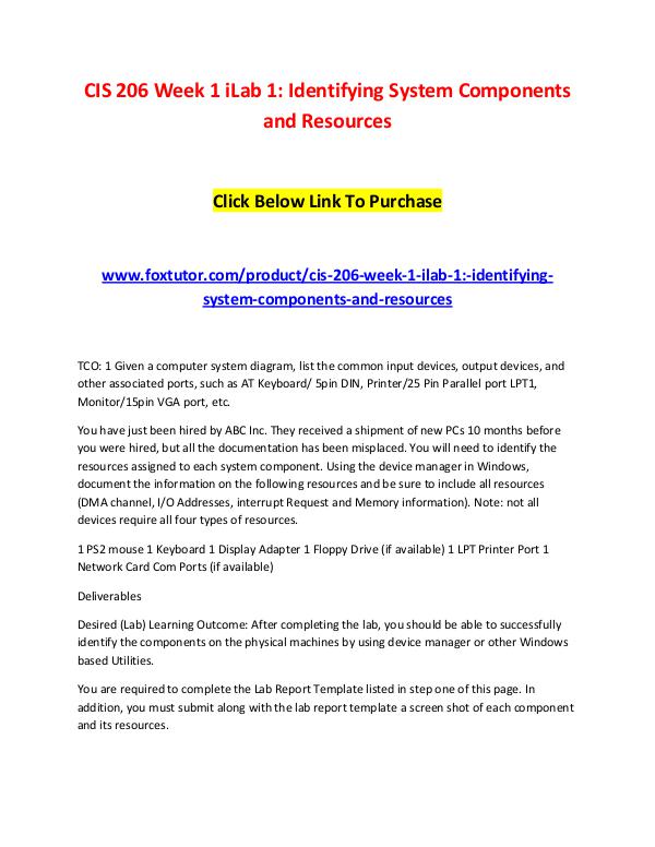 CIS 206 Week 1 iLab 1 Identifying System Components and Resources CIS 206 Week 1 iLab 1 Identifying System Component