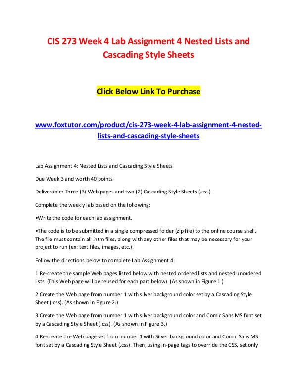 CIS 273 Week 4 Lab Assignment 4 Nested Lists and Cascading Style Shee CIS 273 Week 4 Lab Assignment 4 Nested Lists and C