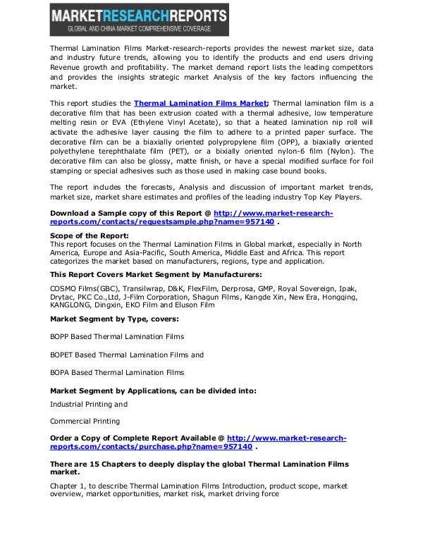 Global Thermal Lamination Films Market2017: With Consumption, Size, S 1 sept 2017