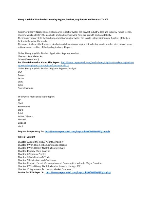 Heavy Naphtha Worldwide Market by Region, Product,