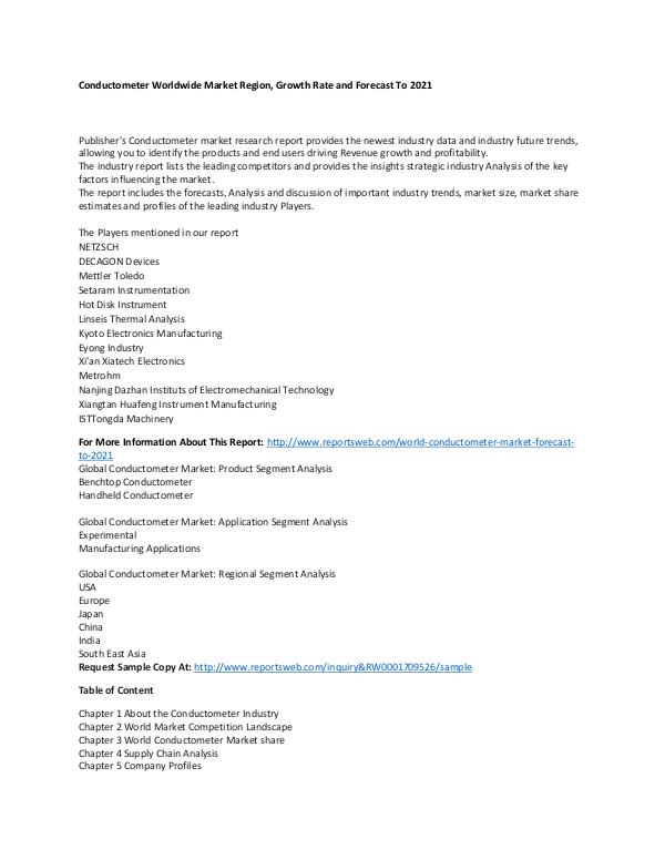 World Conductometer Market Forecast to 2021