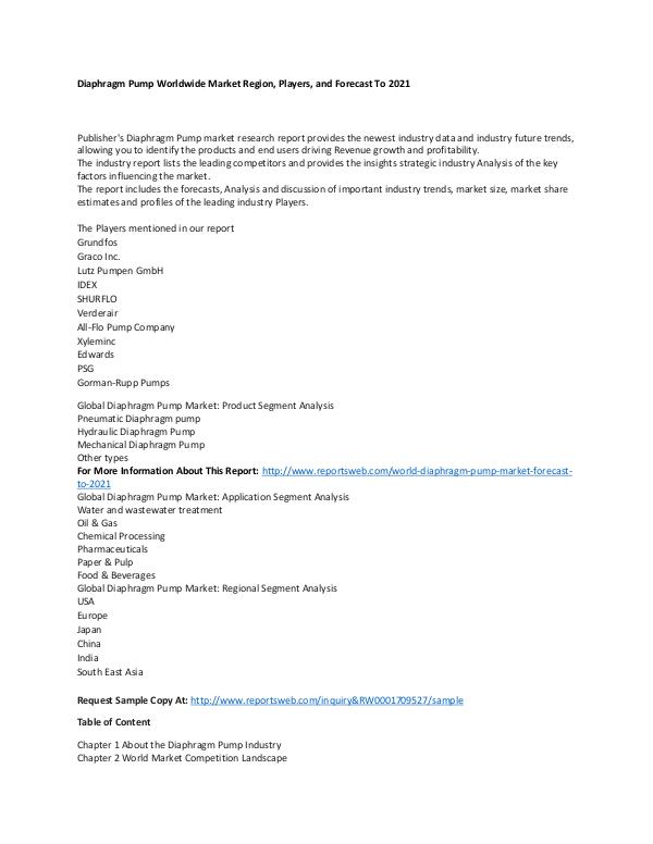 World Diaphragm Pump Market Forecast to 2021