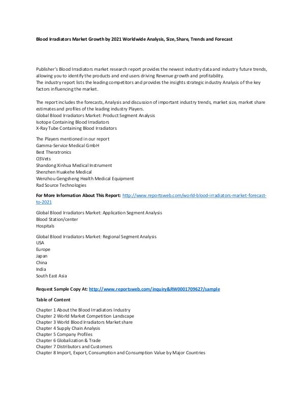 World Blood Irradiators Market Forecast to 2021