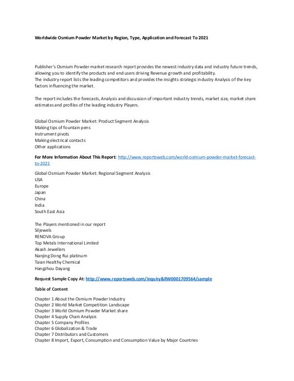 World Osmium Powder Market Forecast to 2021