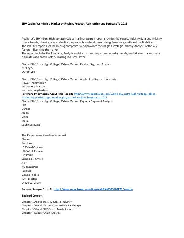 Market Research Report World EHV (Extra High Voltage) Cables Market by Pr