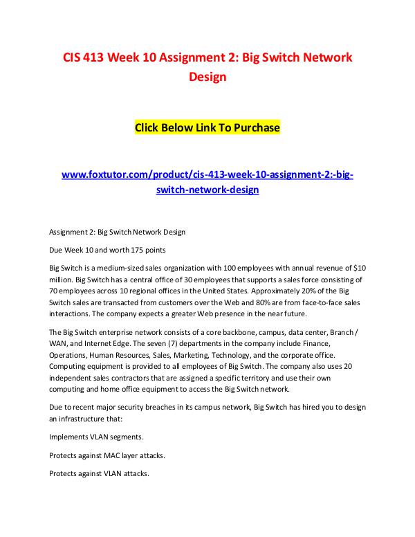 CIS 413 Week 10 Assignment 2 Big Switch Network Design CIS 413 Week 10 Assignment 2 Big Switch Network De