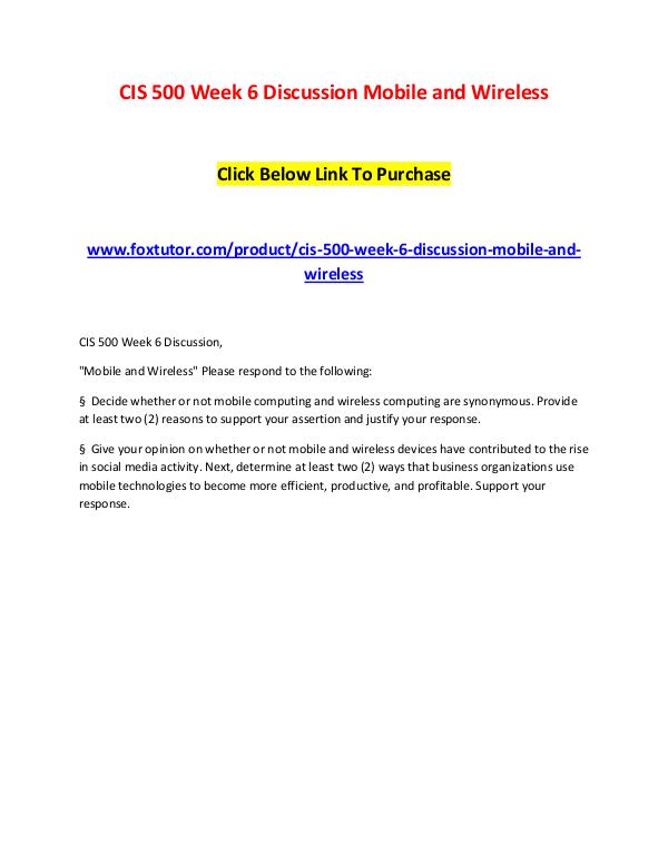 CIS 500 Week 6 Discussion Mobile and Wireless CIS 500 Week 6 Discussion Mobile and Wireless