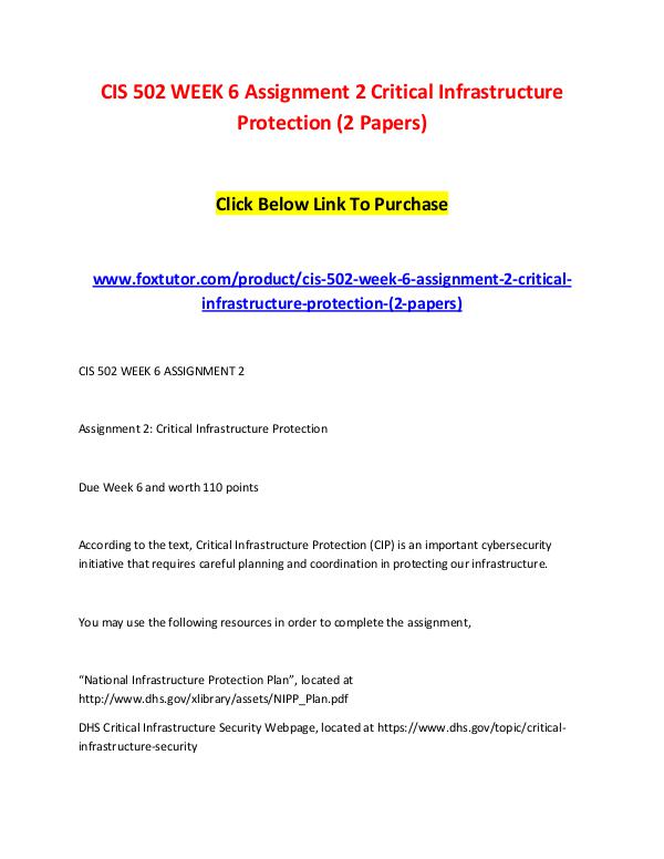 CIS 502 WEEK 6 Assignment 2 Critical Infrastructure Protection (2 Pap CIS 502 WEEK 6 Assignment 2 Critical Infrastructur