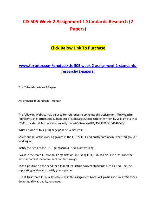 CIS 505 Week 2 Assignment 1 Standards Research (2 Papers) CIS 505 Week 2 Assignment 1 Standards Research (2