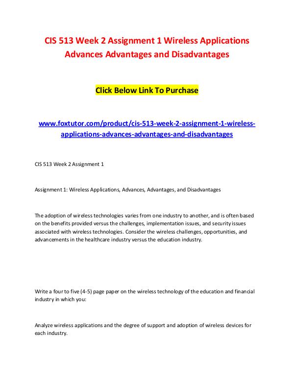 CIS 513 Week 2 Assignment 1 Wireless Applications Advances Advantages CIS 513 Week 2 Assignment 1 Wireless Applications