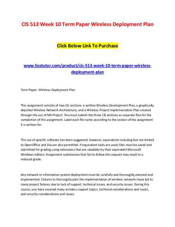 CIS 513 Week 10 Term Paper Wireless Deployment Plan CIS 513 Week 10 Term Paper Wireless Deployment Pla