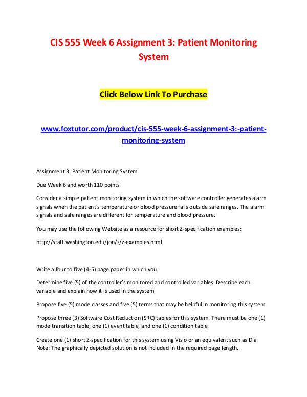 CIS 555 Week 6 Assignment 3 Patient Monitoring System CIS 555 Week 6 Assignment 3 Patient Monitoring Sys