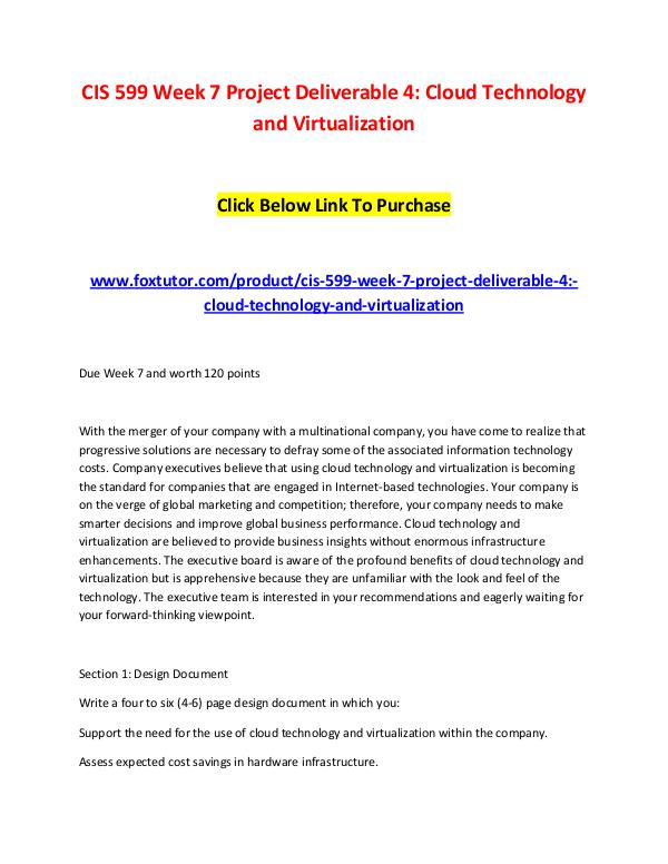 CIS 599 Week 7 Project Deliverable 4 Cloud Technology and Virtualizat CIS 599 Week 7 Project Deliverable 4 Cloud Technol