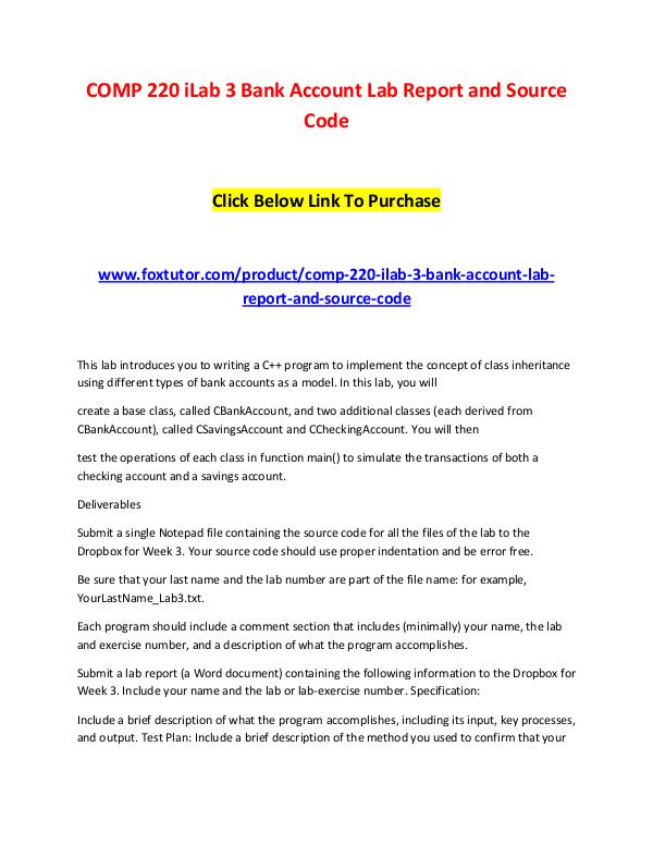 COMP 220 iLab 3 Bank Account Lab Report and Source Code COMP 220 iLab 3 Bank Account Lab Report and Source