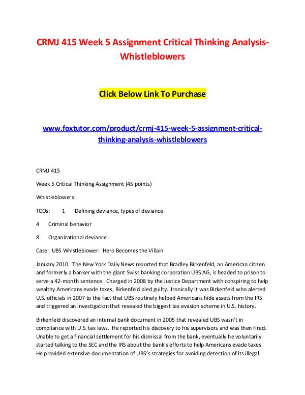 CRMJ 415 Week 5 Assignment Critical Thinking Analysis-Whistleblowers CRMJ 415 Week 5 Assignment Critical Thinking Analy