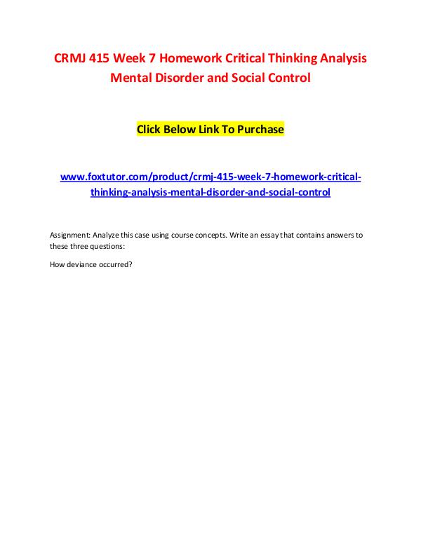 CRMJ 415 Week 7 Homework Critical Thinking Analysis Mental Disorder a CRMJ 415 Week 7 Homework Critical Thinking Analysi