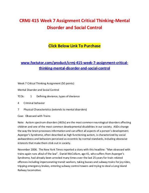 CRMJ 415 Week 7 Assignment Critical Thinking-Mental Disorder and Soci CRMJ 415 Week 7 Assignment Critical Thinking-Menta